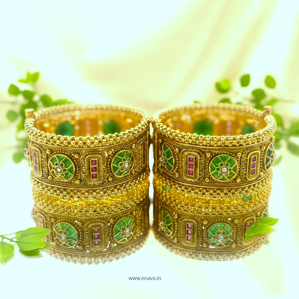 Rajwadi Padmavati Green Emerald Heritage Kundan Kada Bangles by Enava