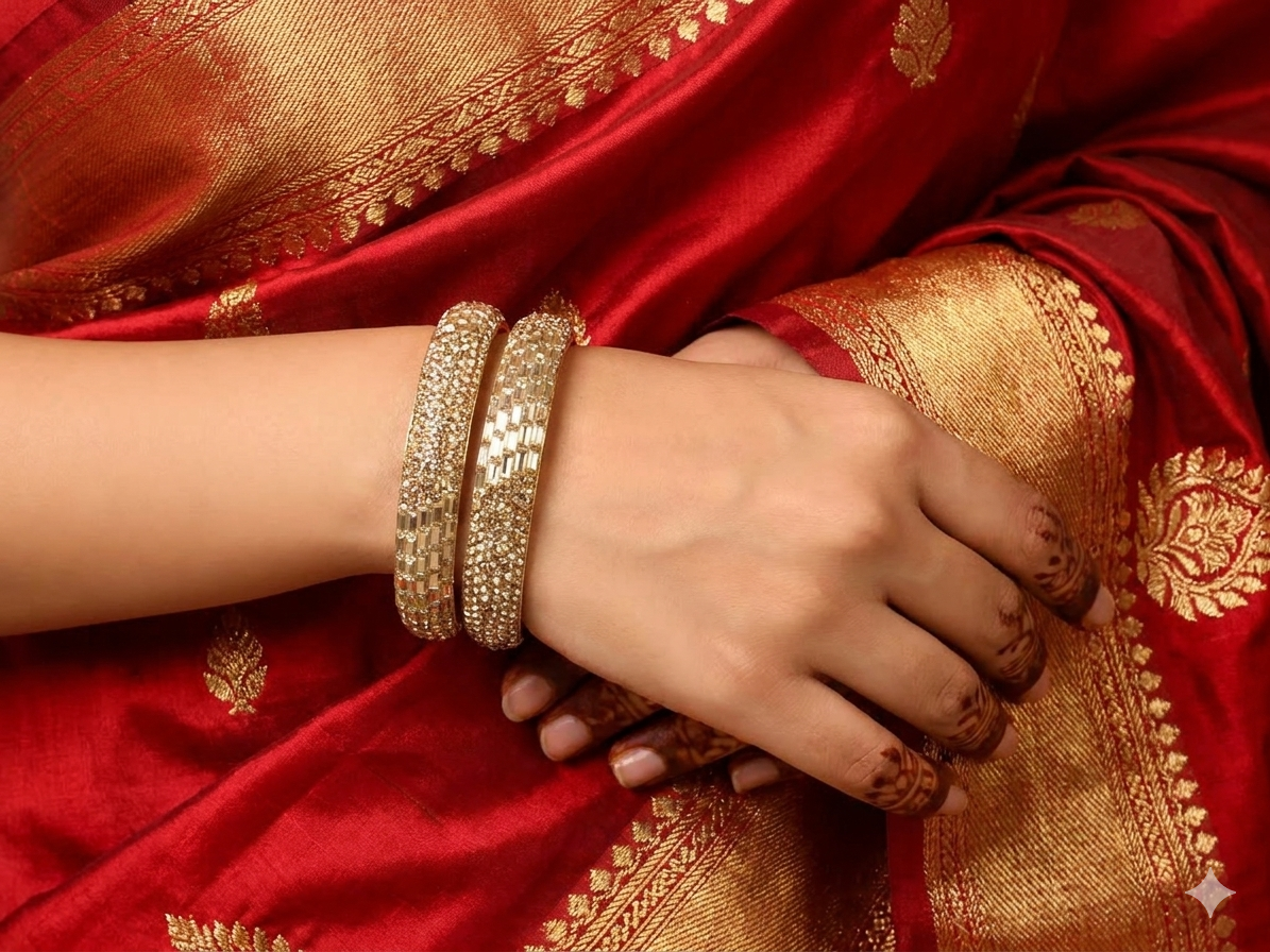 A close-up of a person's hand and wrist adorned with two stacked gold-plated bangles, resting on a rich red and gold woven fabric.