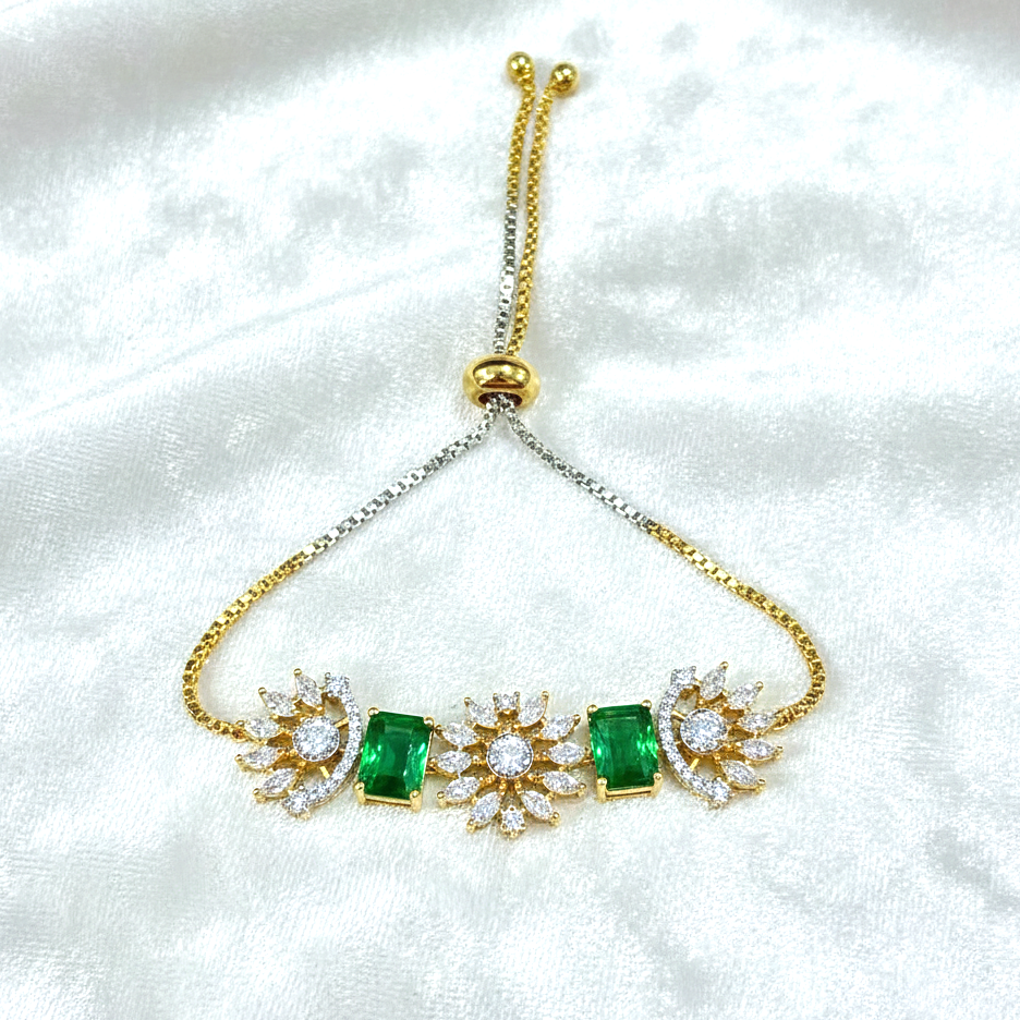 AD CZ Adjustable Green Bracelet with 2 Tone Plating ADBT21004 By Enava