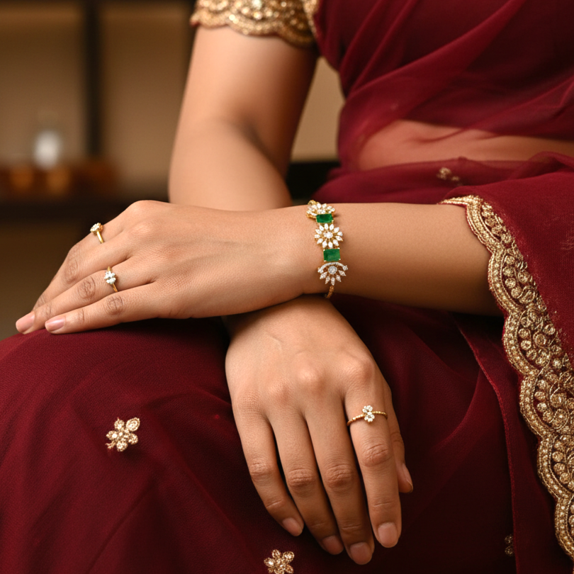 AD CZ Adjustable Green Bracelet with 2 Tone Plating ADBT21004 By Enava