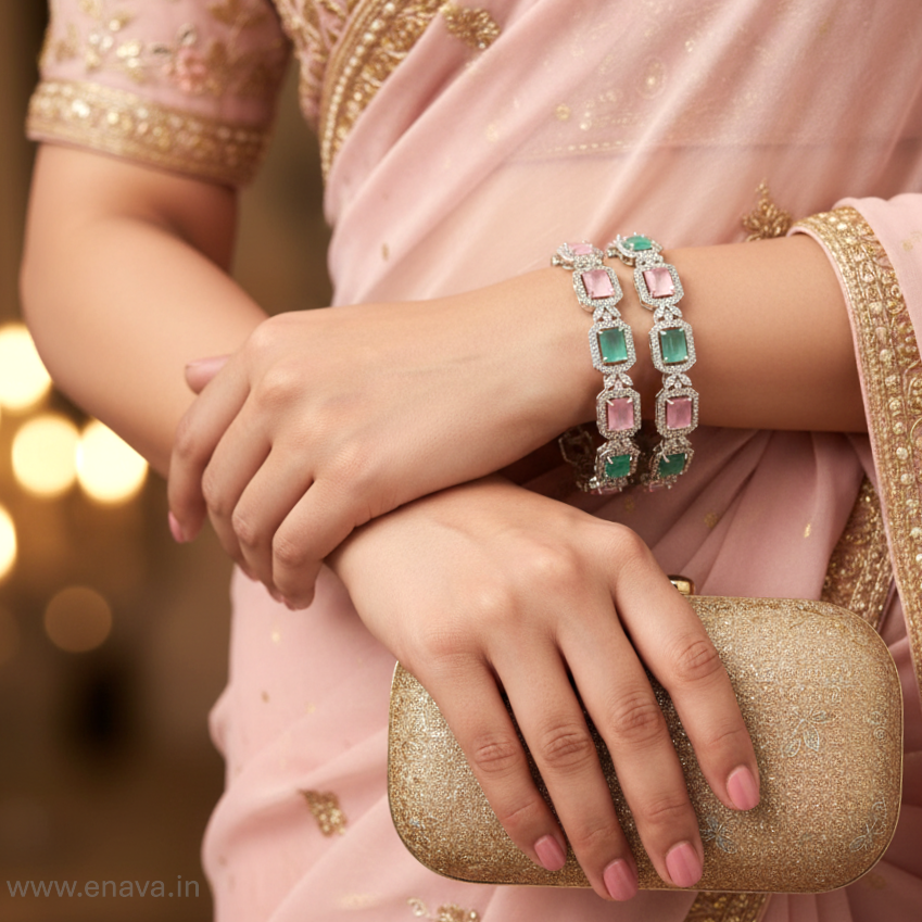 Mint Pink Riva CZ Stone Bangles with Rhodium Plating ADBG11003 by Enava