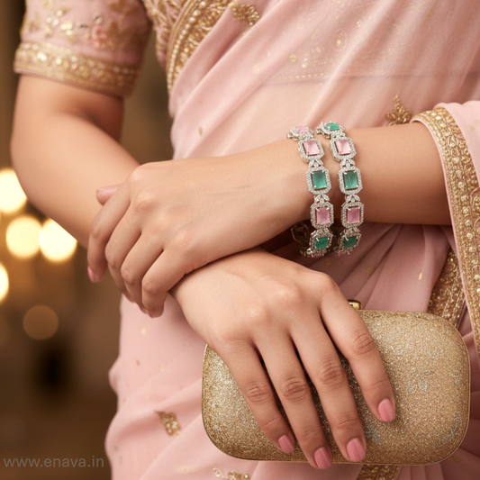 Mint Pink Riva CZ Stone Bangles with Rhodium Plating ADBG11003 by Enava