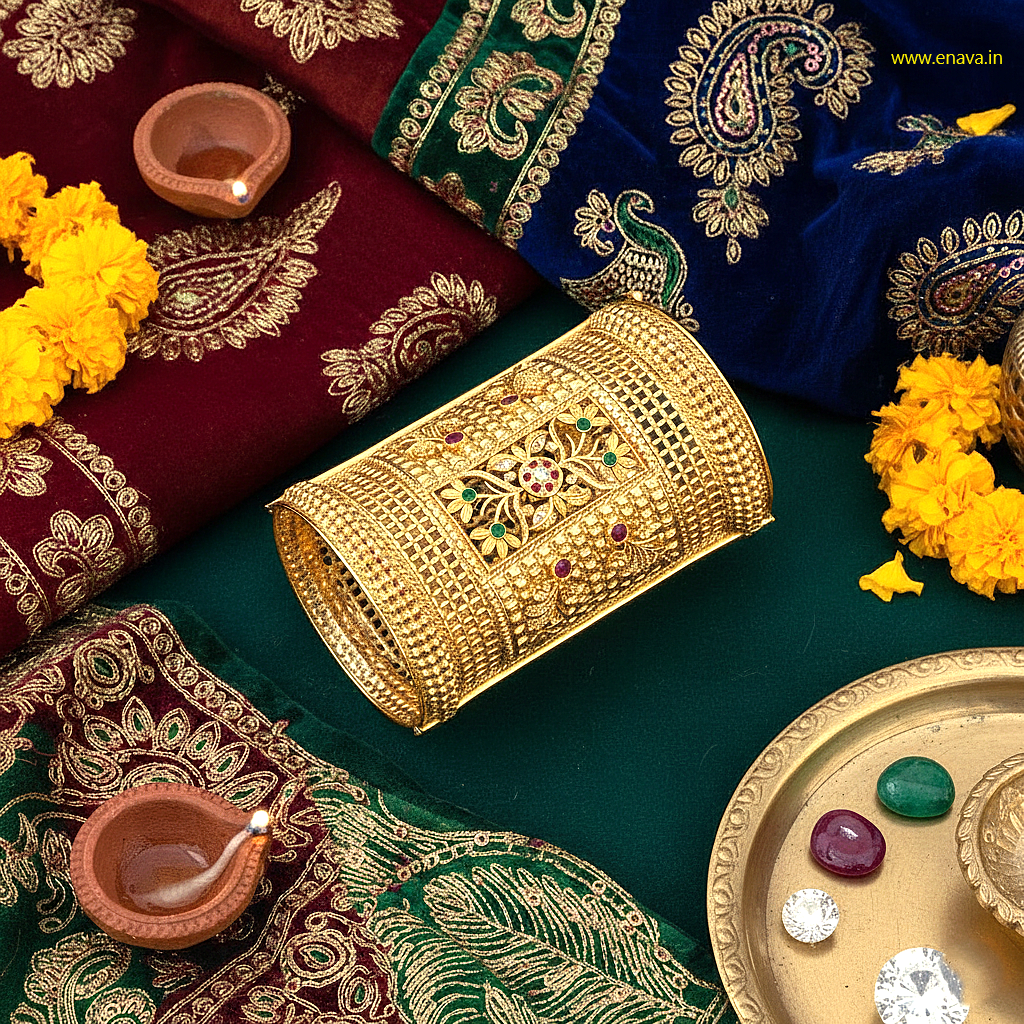 Rajwadi Floral Green & Ruby Kada Bangles by Enava