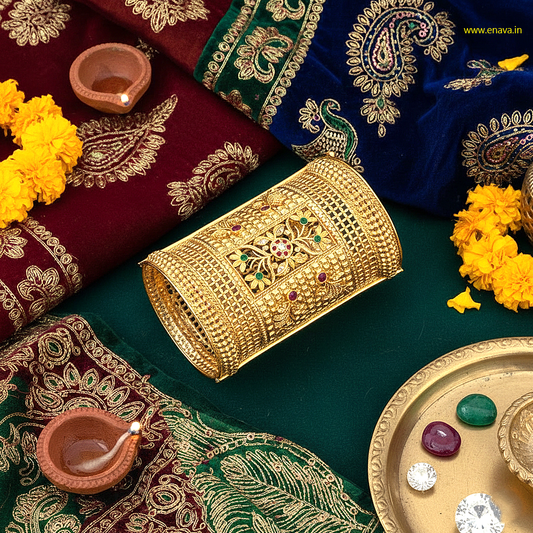 Rajwadi Floral Green & Ruby Kada Bangles by Enava