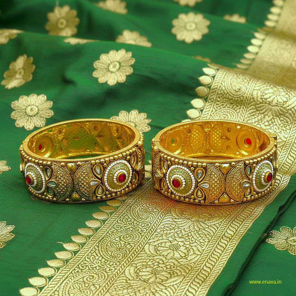 Rajwadi Pearls with Mint Green Enamel Kada Bangles by Enava