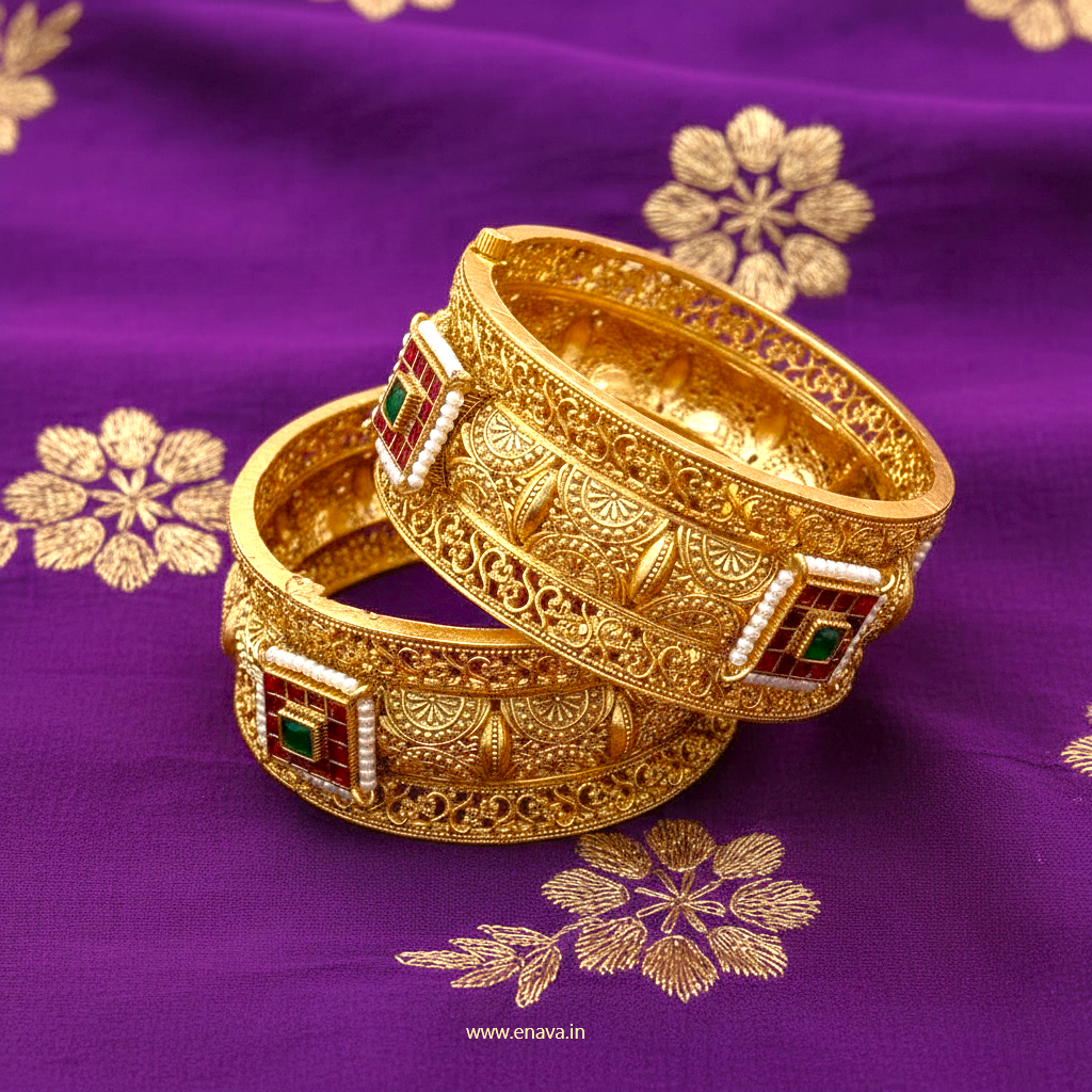 Rajwadi Kundan Pearl Royale Bangles by Enava