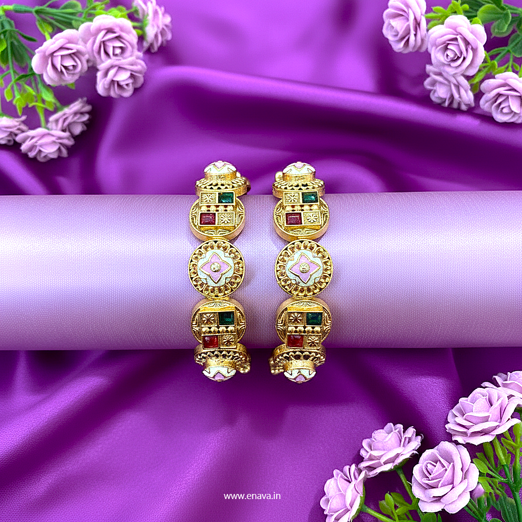 Rajwadi Red Green Stone Enamel Kundan Gold Plated Bangles by Enava Bangle Enava Jewels.