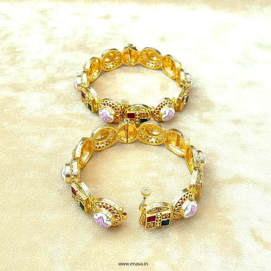 Rajwadi Red Green Stone Enamel Kundan Gold Plated Bangles by Enava Bangle Enava Jewels.
