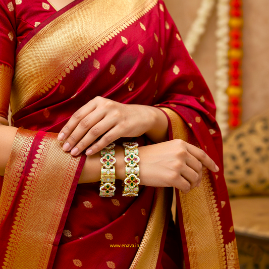 Rajwadi Kundan Pearl Enamel Shringar Bangles by Enava
