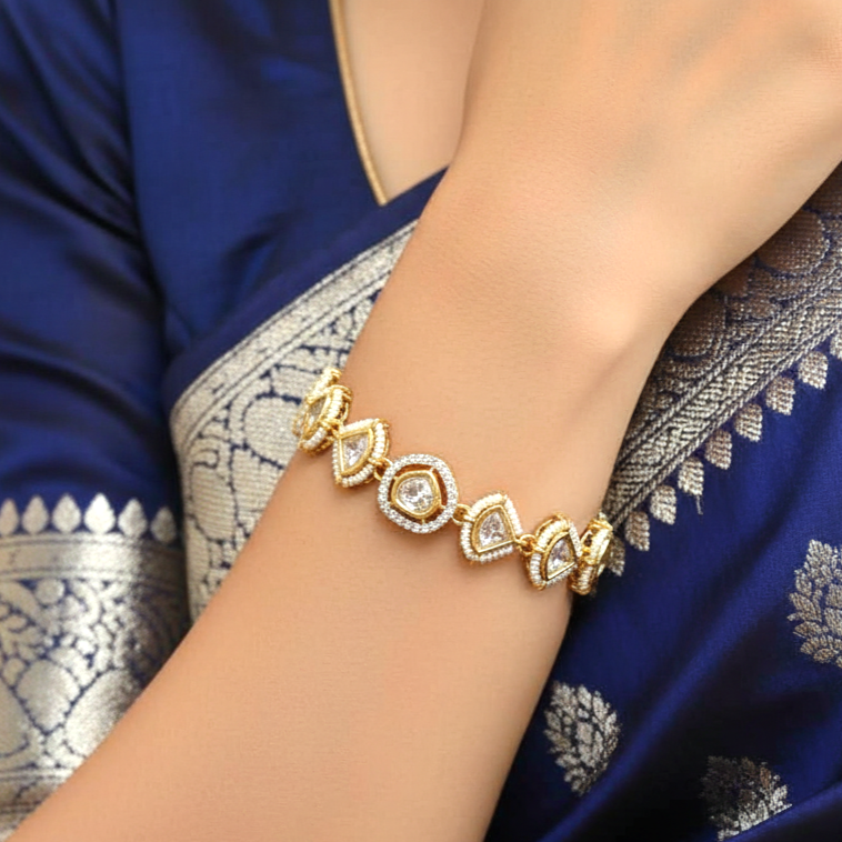 Ivory White Kundan Adjustable Bracelet with Gold Plating By Enava