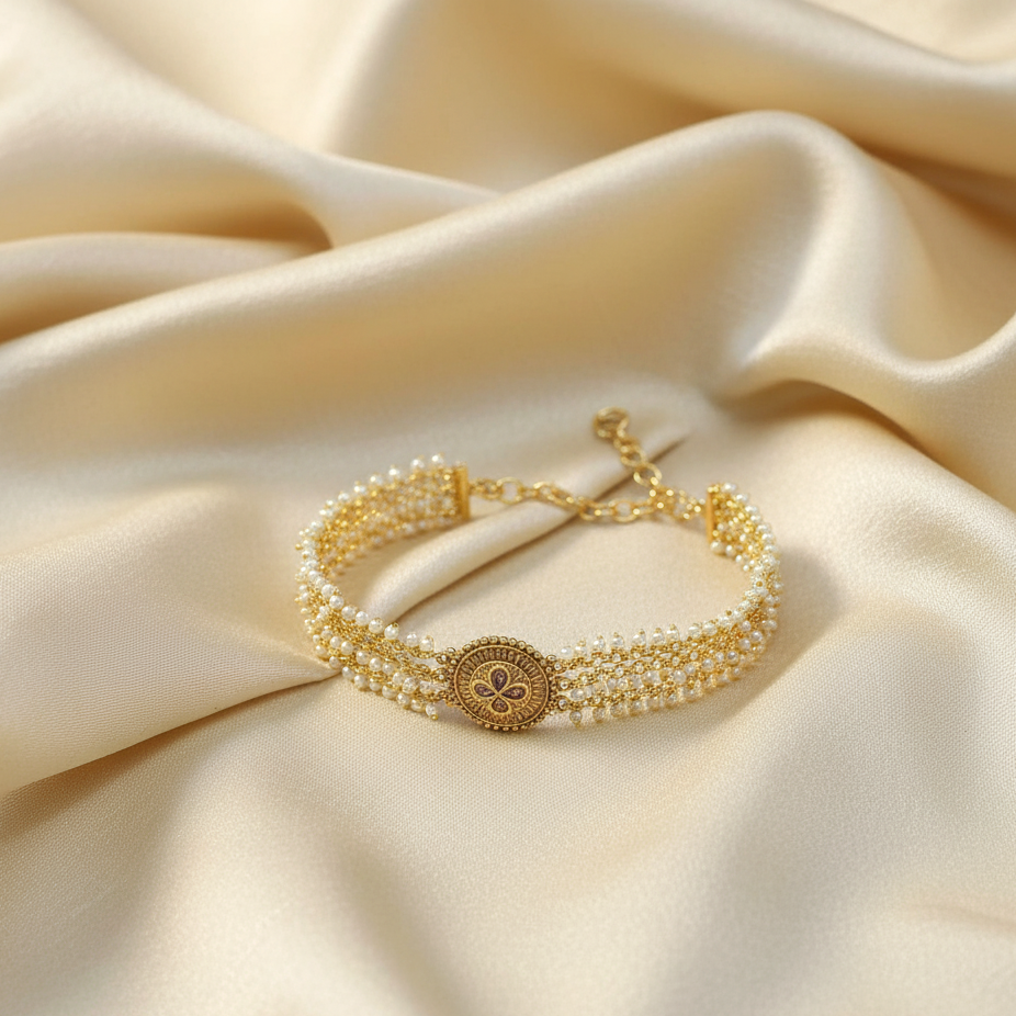 Golden Antique Pearl Adjustable Bracelet with Gold Plating By Enava