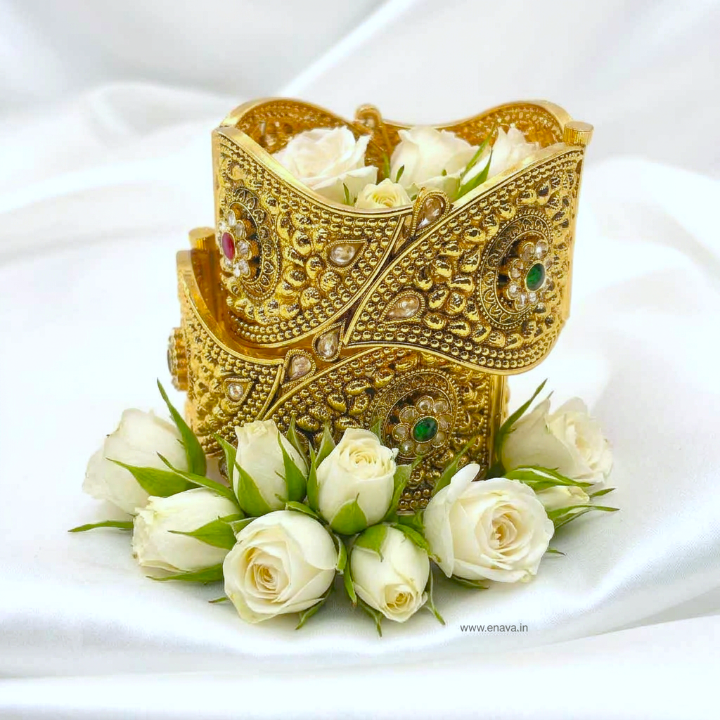Rajwadi Swarnapatra with Ruby Kundan Kada Bangles by Enava