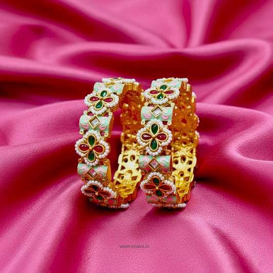 Rajwadi Kundan Pearl Enamel Shringar Bangles by Enava