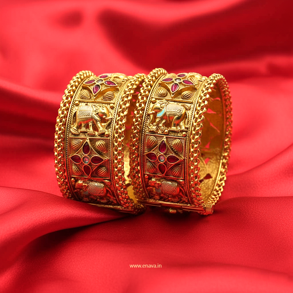 Rajwadi Kundan & Royal Hathi Knitted Edges Bangles by Enava