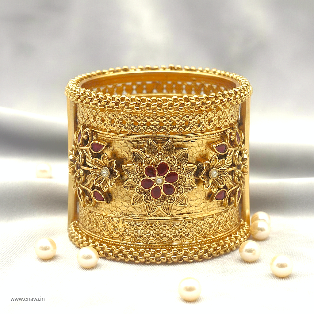 Rajwadi Floral Ruby Heritage Kada Bangles by Enava