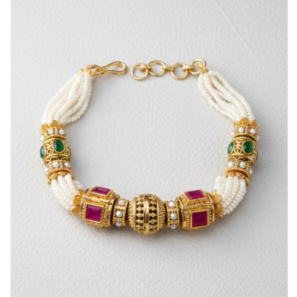 Golden White Antique Pearl Adjustable Bracelet with Gold Plating By Enava