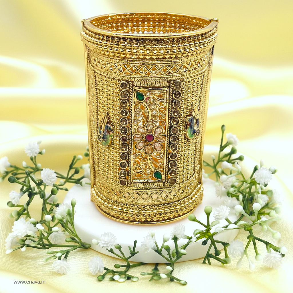 Rajwadi Peacock Stonework Kada Bangles by Enava