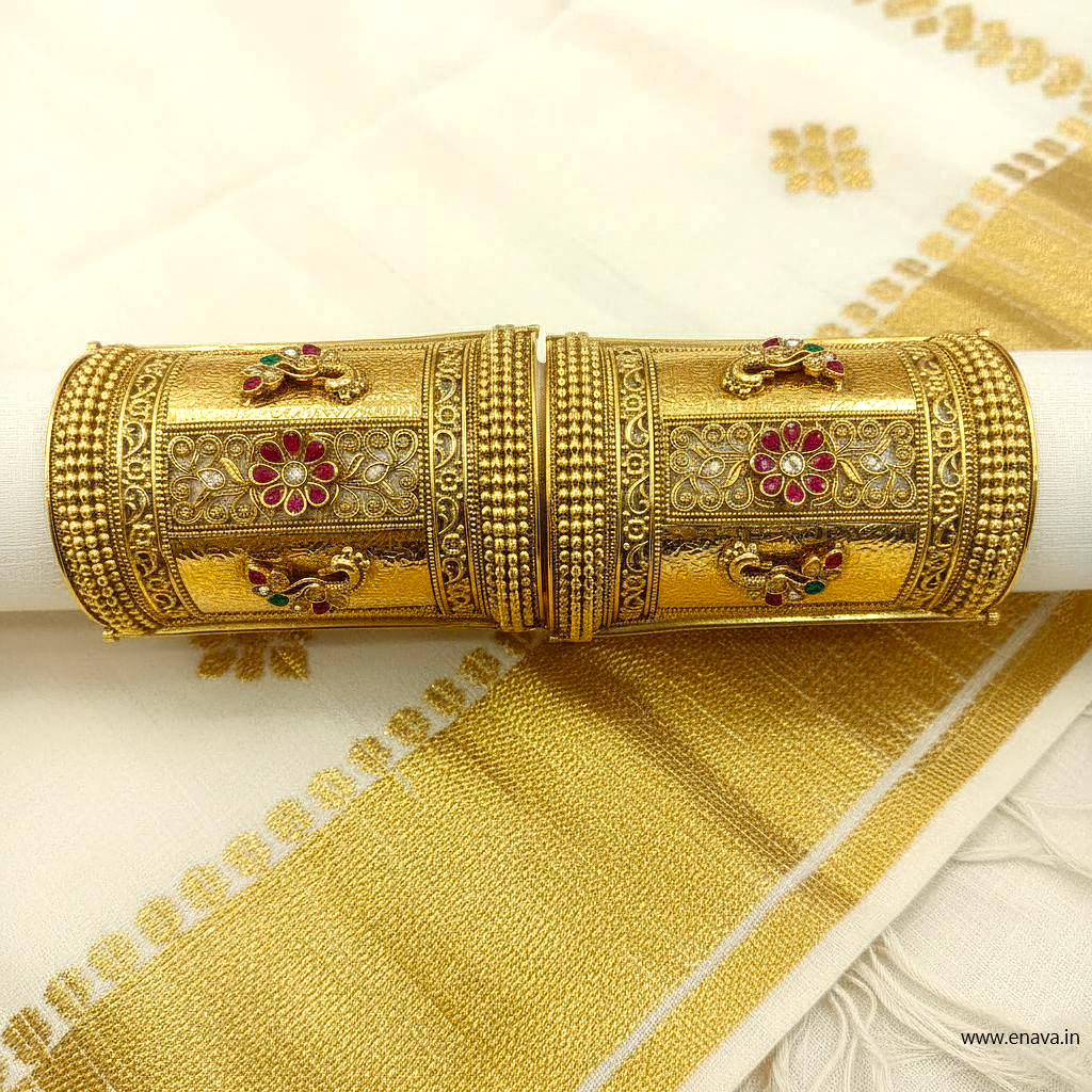 Rajwadi Padamlakshmi Broad Peacock Kundan Kada Bangles by Enava