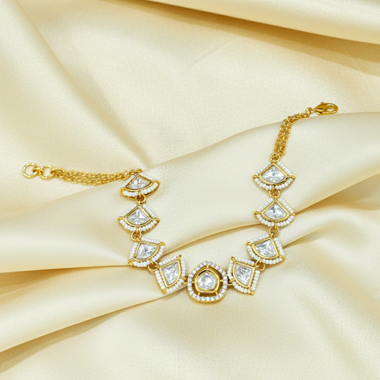 Ivory White Kundan Adjustable Bracelet with Gold Plating By Enava