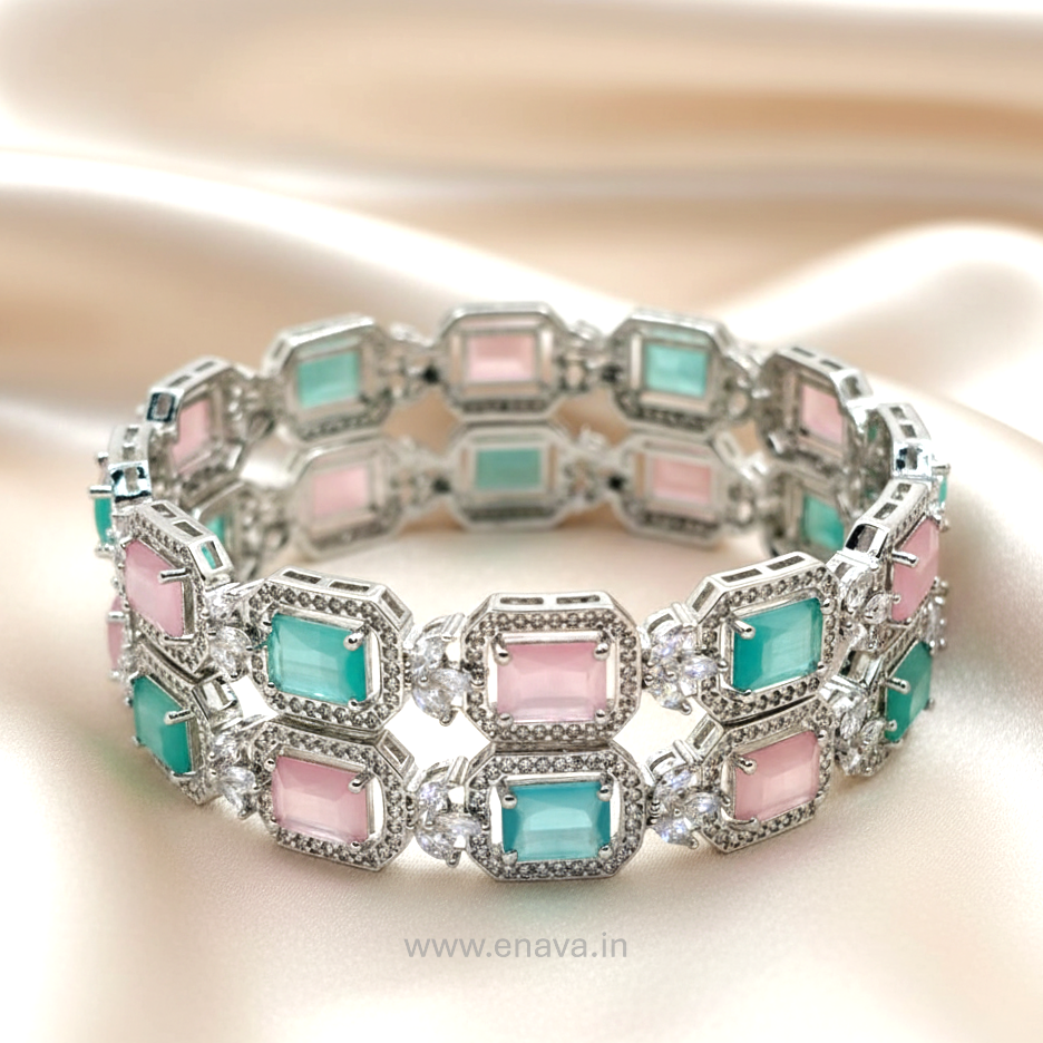 Mint Pink Riva CZ Stone Bangles with Rhodium Plating ADBG11003 by Enava