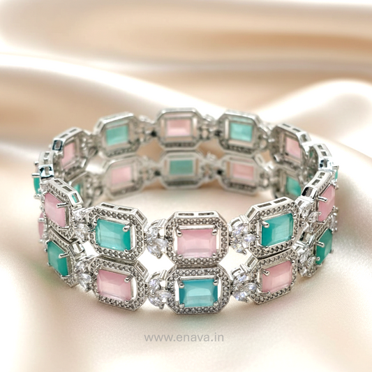 Mint Pink Riva CZ Stone Bangles with Rhodium Plating ADBG11003 by Enava