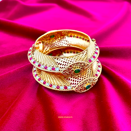 Rajwadi Green and Ruby Kundan Heritage Kada Bangles by Enava