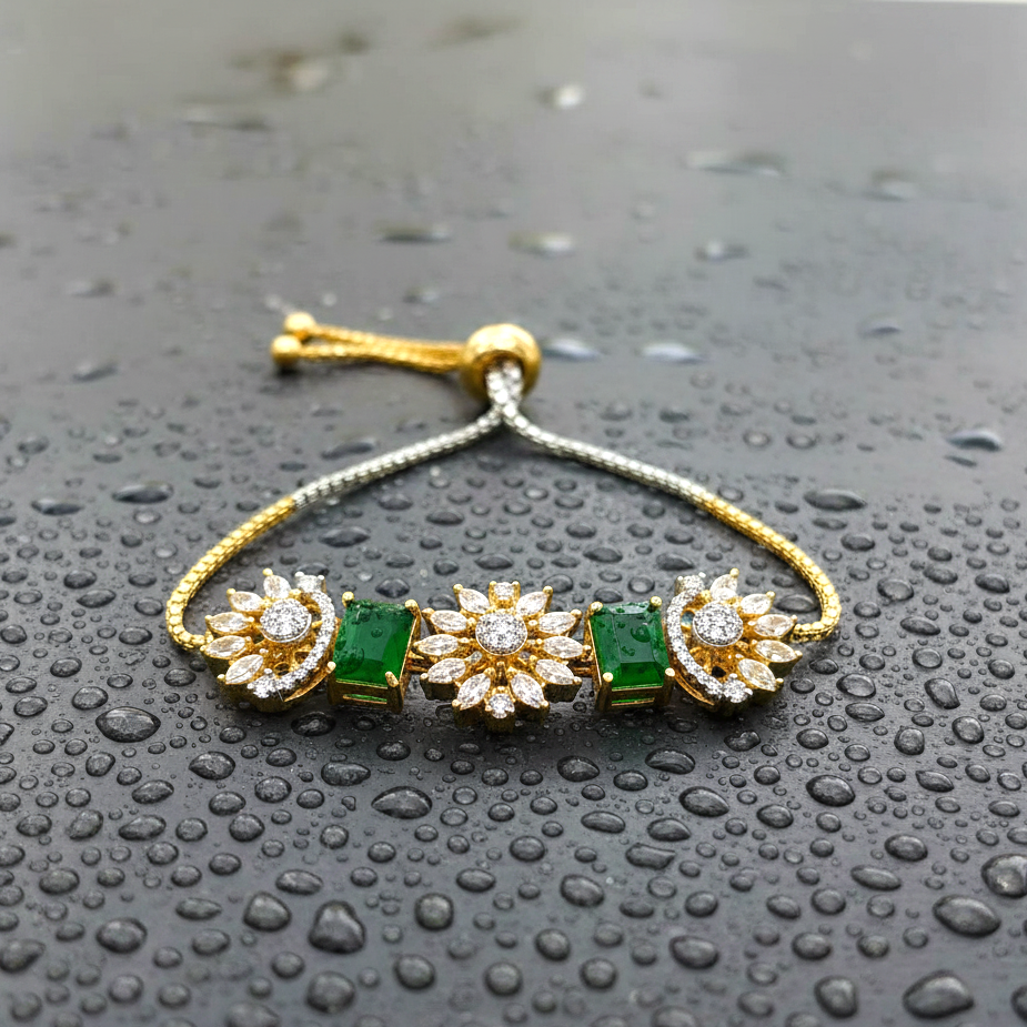 AD CZ Adjustable Green Bracelet with 2 Tone Plating ADBT21004 By Enava