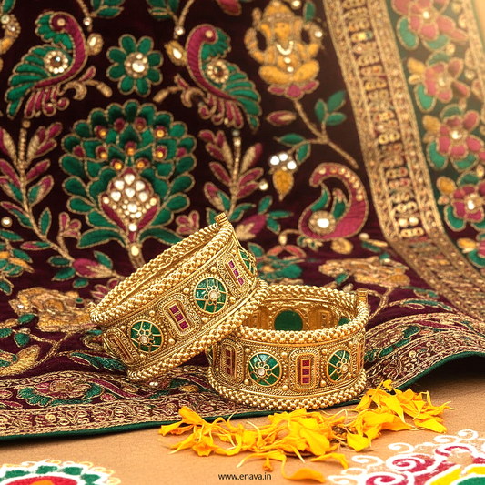Rajwadi Padmavati Green Emerald Heritage Kundan Kada Bangles by Enava