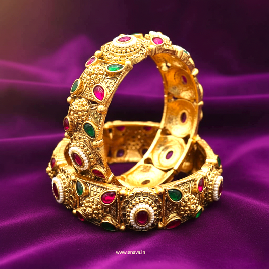 Rajwadi Green and Ruby Pink Kundan with Pearl Bangles by Enava