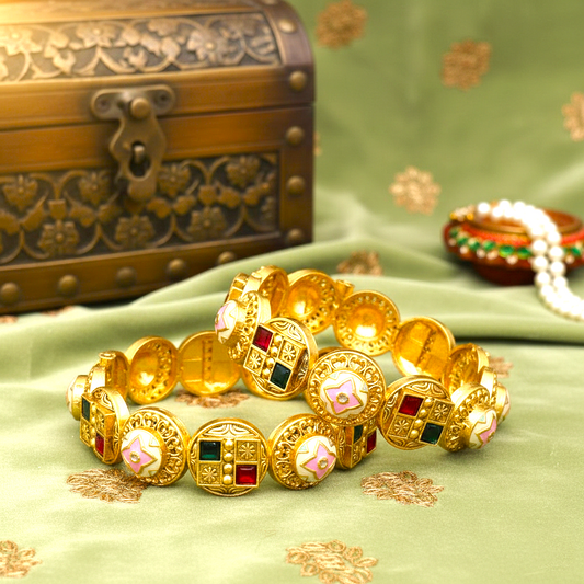 Rajwadi Red Green Stone Enamel Kundan Gold Plated Bangles by Enava