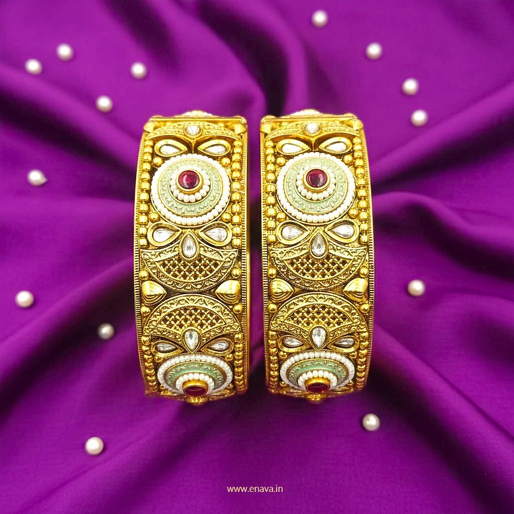 Rajwadi Pearls with Mint Green Enamel Kada Bangles by Enava