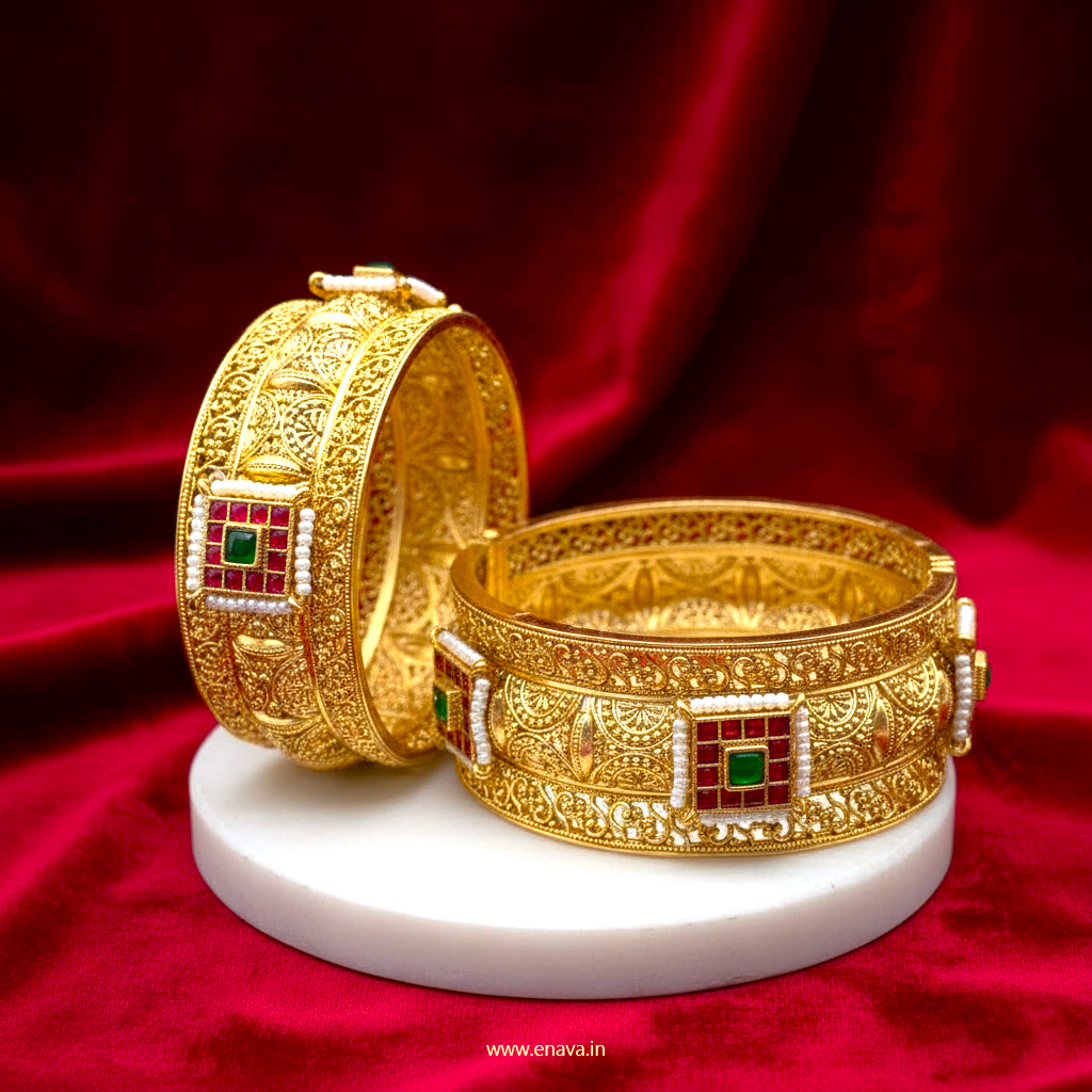 Rajwadi Kundan Pearl Royale Bangles by Enava