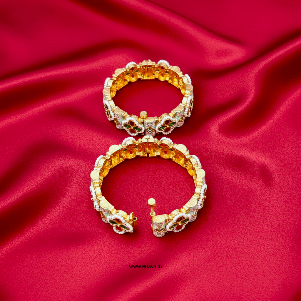 Rajwadi Kundan Pearl Enamel Shringar Bangles by Enava