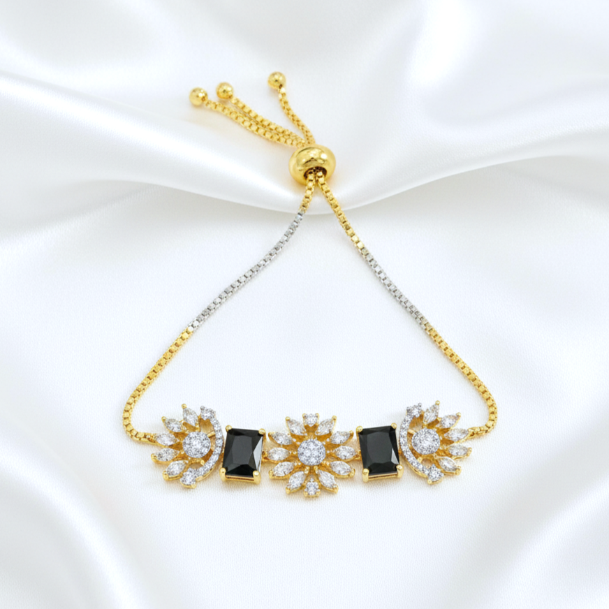 AD CZ Adjustable Black Bracelet with 2 Tone Plating ADBT21005 By Enava