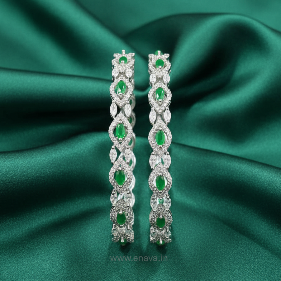 AD Green Stone CZ Bangles with Rhodium Plating ADBG11002 by Enava