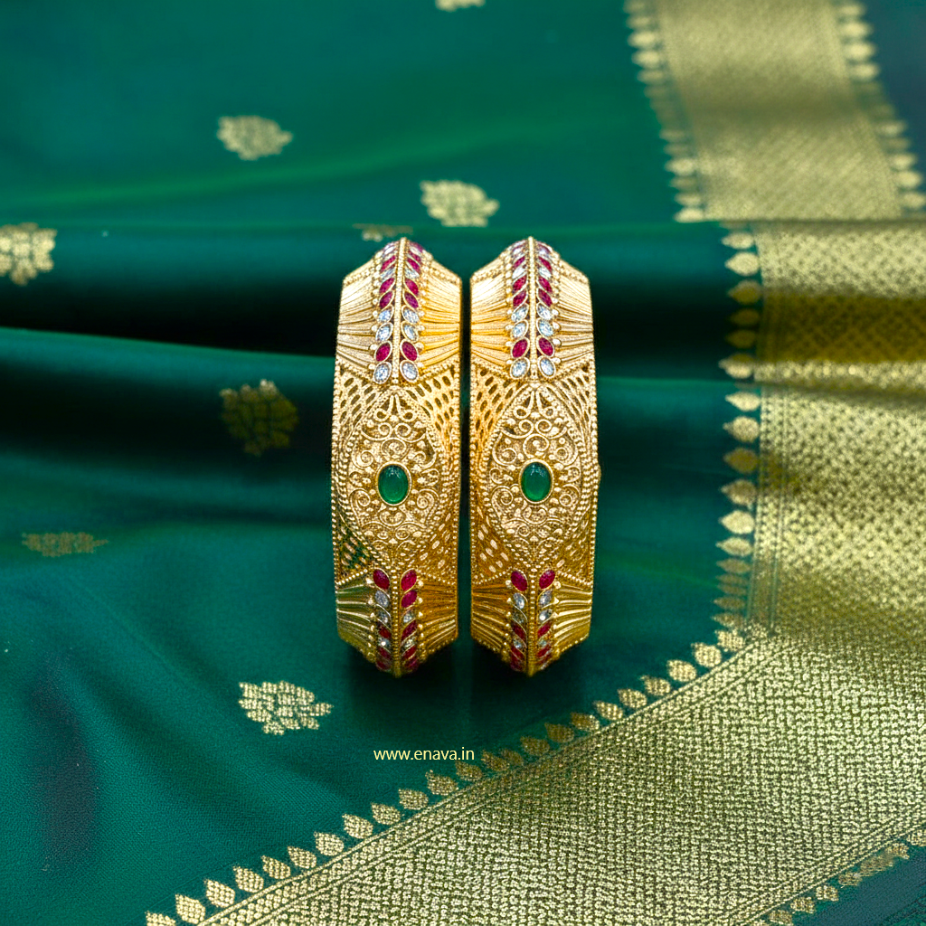 Rajwadi Green and Ruby Kundan Heritage Kada Bangles by Enava