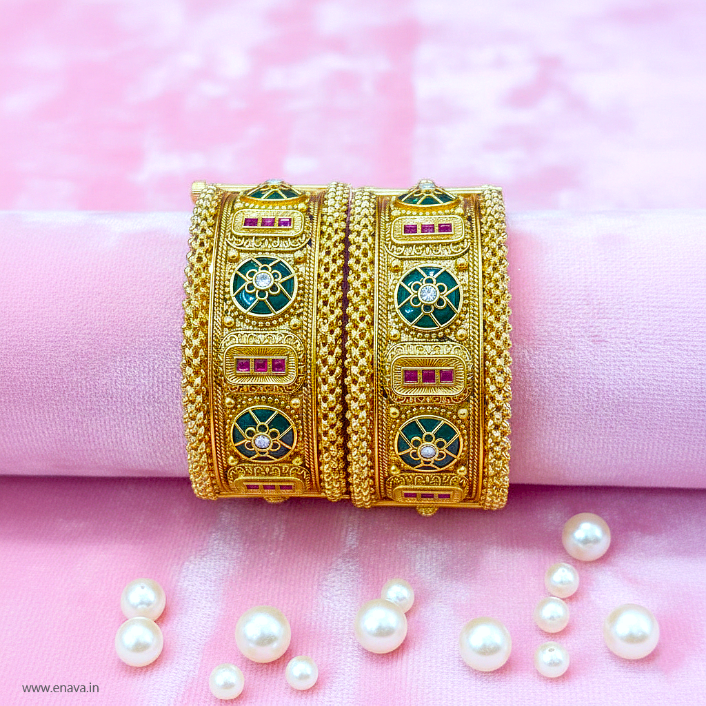 Rajwadi Padmavati Green Emerald Heritage Kundan Kada Bangles by Enava