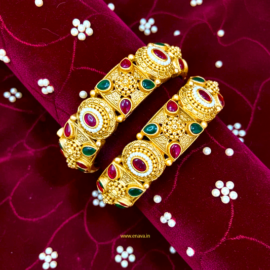 Rajwadi Green and Ruby Pink Kundan with Pearl Bangles by Enava
