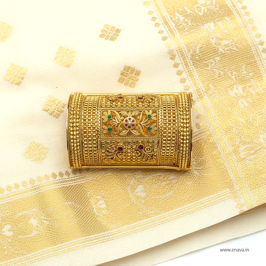 Rajwadi Floral Green & Ruby Kada Bangles by Enava