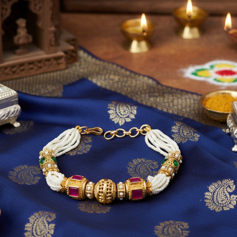 Golden White Antique Pearl Adjustable Bracelet with Gold Plating By Enava