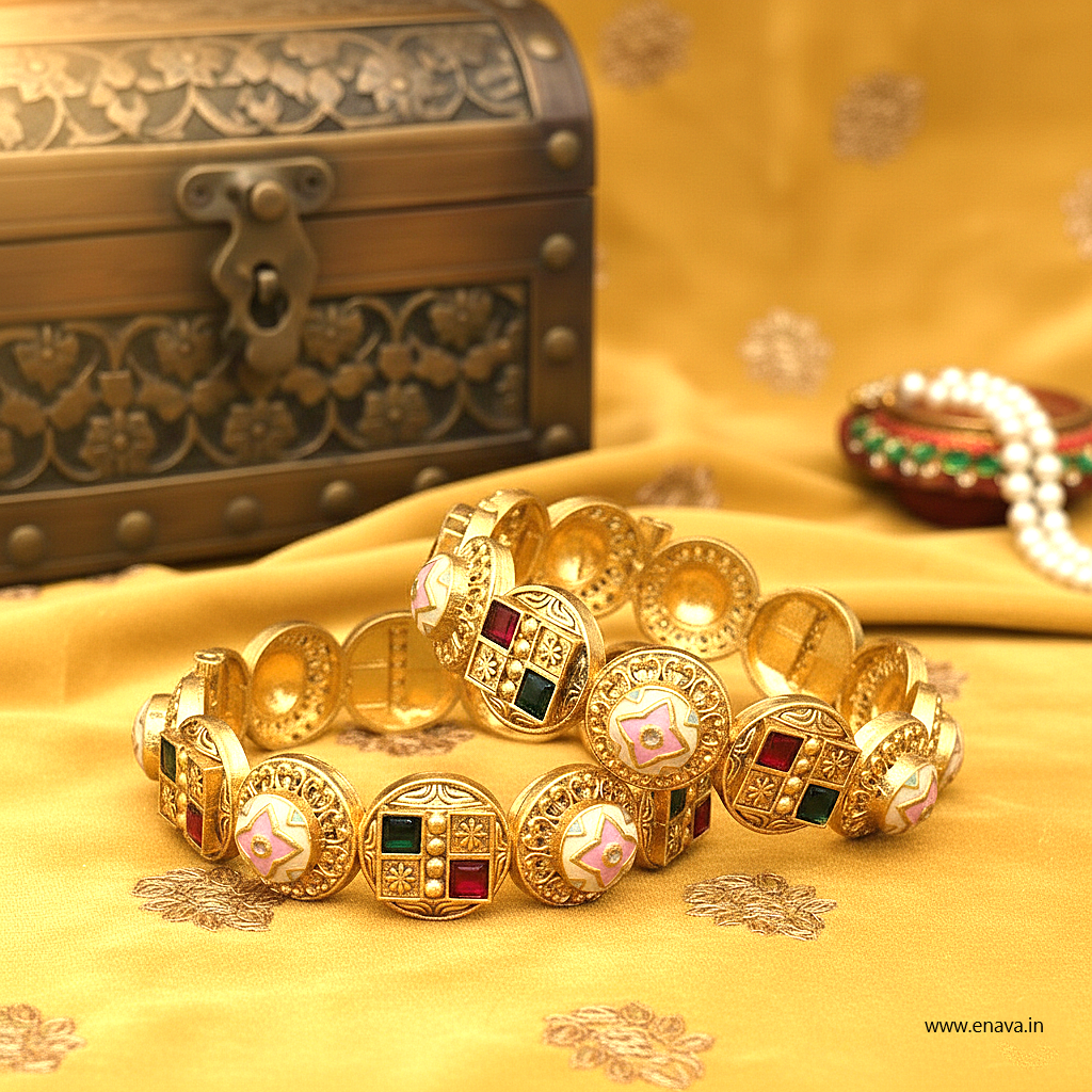 Rajwadi Red Green Stone Enamel Kundan Gold Plated Bangles by Enava Bangle Enava Jewels.