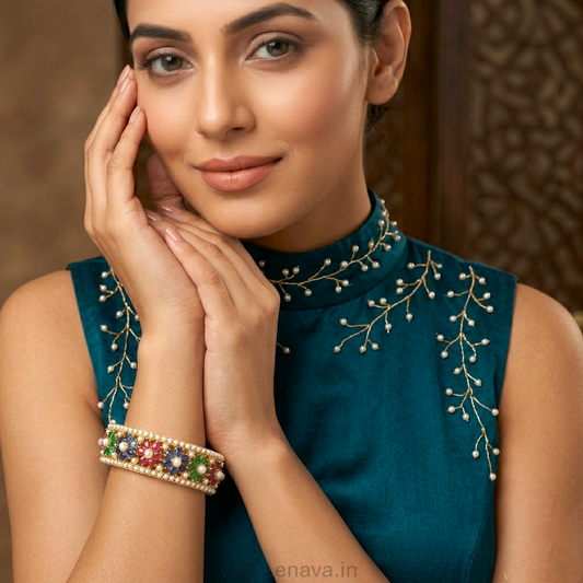 Multicolor Pearl Openable Bracelet with Gold Plating By Enava