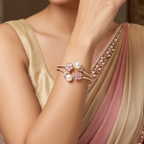 Pearl Garden AD Bracelet with floral American Diamond AD and pearl design, two-tone rhodium-plated finish, elegant designer pearl bracelet for women by ENAVA.