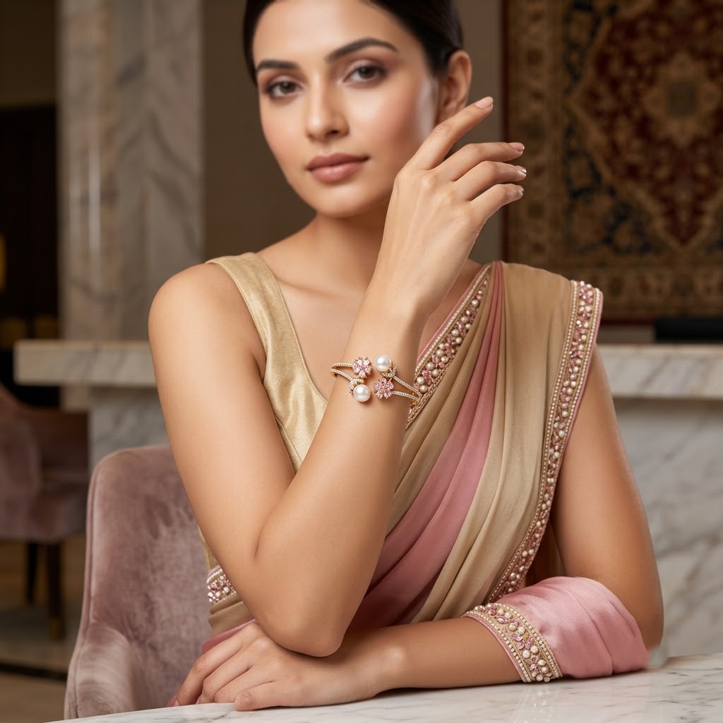 Pearl Garden AD Bracelet with floral American Diamond AD and pearl design, two-tone rhodium-plated finish, elegant designer pearl bracelet for women by ENAVA.