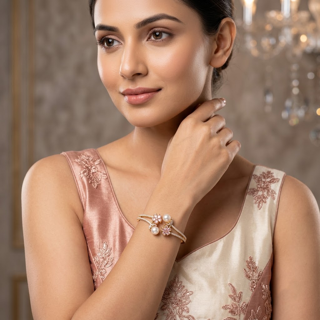 Pearl Garden AD Bracelet with floral American Diamond AD and pearl design, two-tone rhodium-plated finish, elegant designer pearl bracelet for women by ENAVA.