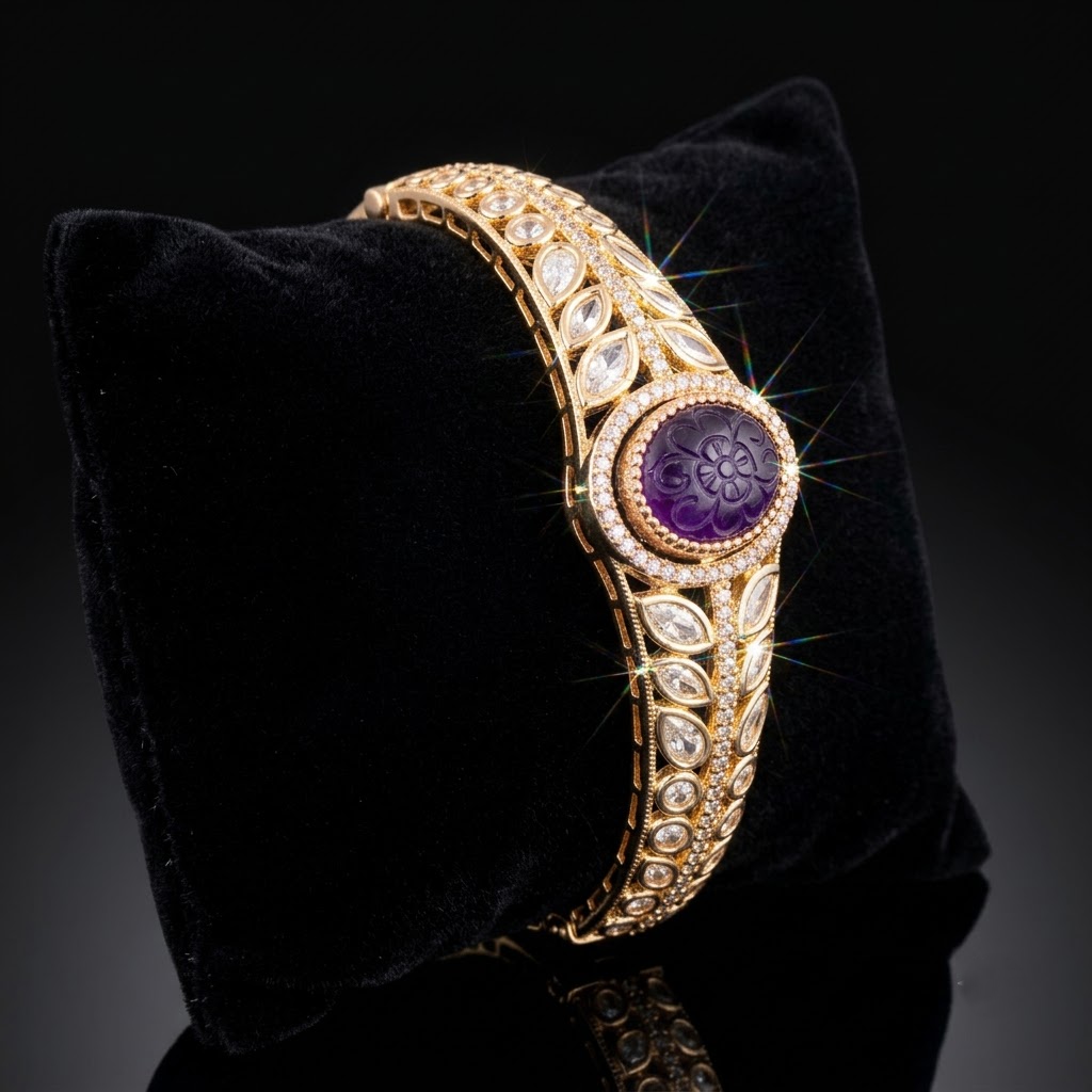 Ratna Color Changing AD Bracelet with interchangeable blue, white, green, red and purple center motifs, sparkling American Diamond designer bracelet for women by ENAVA.